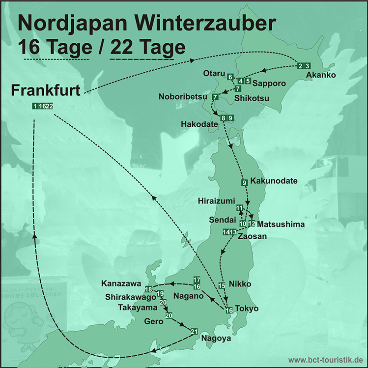 Route der 16 oder 22-tägigen Reise Winterzauber Japan inklusive Flügen von Frankfurt und qualifiziertem BCT-Reiseleiter.